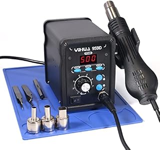 YIHUA 959D Hot Air Rework Station for SMD Soldering 3 Memory Channels with 3 Hot Air Nozzles, Soldering Work Mat, ESD Safe Tweezers(UK Plug)