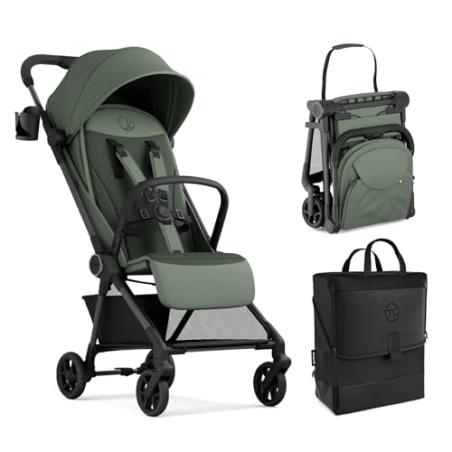 Image of Mompush Nexis Carbon Travel Stroller, Ultra-Lightweight 11.5 lbs, Compact & Airplane Carry-On Approved, One-Second Auto-Fold, One-Hand Full Recline, from Birth to 50 lbs, Travel Bag Included, Forest