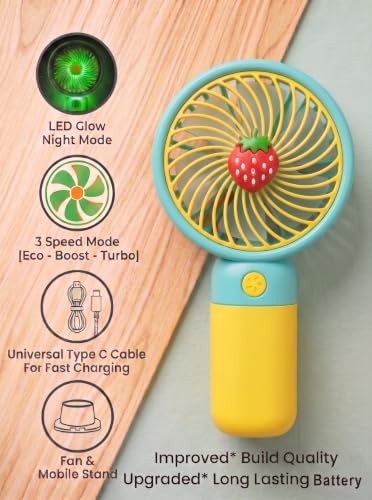 Image of Soumaya Portable Mini Hand Fan, Set of 1 Multi-Color | LED Glow, 3 Speed Mode, Type-C Fast Charging, Mobile Stand, Travel, Home, Kids Toys & Office Use
