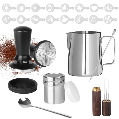 BUCOMTU Kaffee Tamper 51mm Set, Espresso Tamper Set 23pcs, Espresso Tamper Zubehör mit 350ml Edelstahl Milchkännchen und Latte-Art-Stift, Edelstahl Espresso Kaffeedrücker, Tamper Matte, Kaffee-Rührer