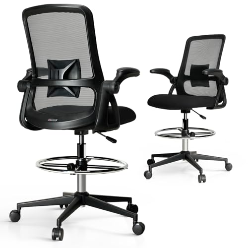 Image of Ergonomic Drafting Chair, Tall Height Adjustable Office Stool with Flip Up Armrest, Adjustable Foot Ring & Lumbar Support, Rolling Mesh High Desk Chair for Standing Desk, Studio & Office Use