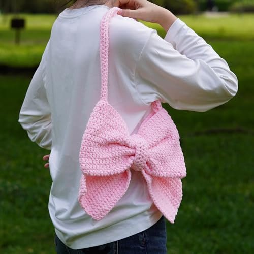 Bow Purse Crochet Handbag Bow Tote Bag Coquette Purse Shoulder Knit Bag Y2k Pink2