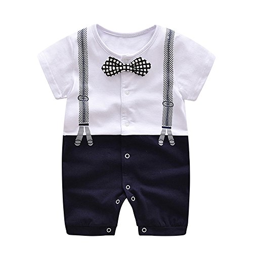 Ding-dong Baby Boy Summer Cotton Gentleman Bowtie Romper(Navy, 3-6M)