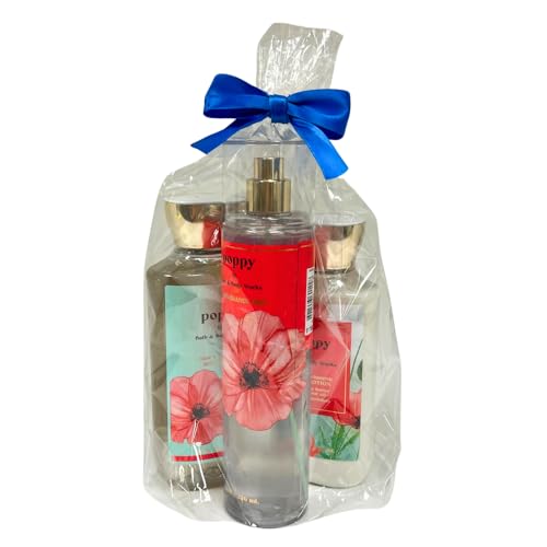 Bath & Body Works POPPY 3pc bundle - Shower Gel, Mist, Lotion Gift set with a Blue Bow for Holidays & Gifts - Full Size