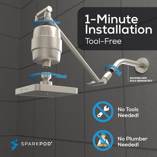 Image of SparkPod 6 inch High Pressure Rain Shower Head with 23 Stage Filter Capsule & 11 Inch Adjustable Shower Arm Extension -Shower Filter Reduces Chlorine for Smoother Hair & Skin (Square, Brushed Nickel) | Showerhead for Hard Water, High Pressure Shower Head, Adjustable Showerhead, Universal Connection, Gain Space & Style