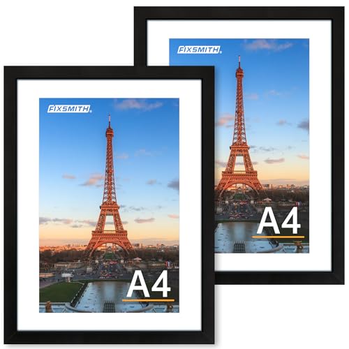 FIXSMITH A4 Picture Frame Set of 2 Black Photo Frame with HD Plexiglass Display Pictures 6x8 with Mat or 8.3x11.7 Without Mat Multi Picture Frames Collage for Tabletop or Wall Display