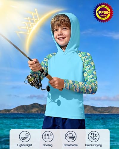 Image of Boys Rash Guard Swim Hoodie, Kids Long Sleeve Sun Fishing Shirts
