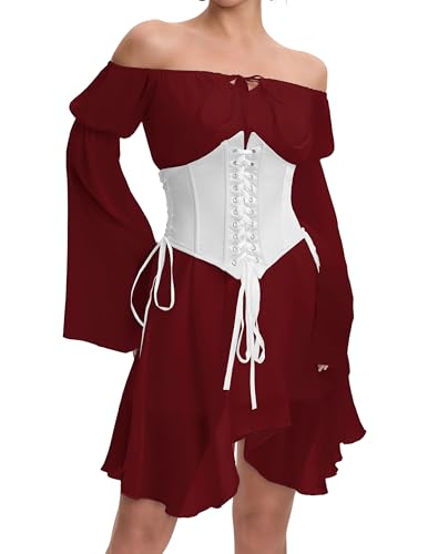 Image of Womens Corset Dresses Off Shoulder Bell Sleeve Casual Party Fairy Two Piece Outfits Bustier Dress