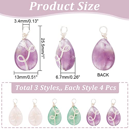 DICOSMETIC 12Pcs 3 Styles Natural Stone Pendant Teardrop Gemstone Pendants with Copper Wire Drop Crystal Stone Pendants Oval Beads Dangle Charms for Jewellery Making Hole: 3.4mm - Image 2