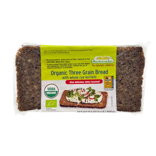 Mestemacher Organic Three Grain Whole Grain Bread, High Fiber German Bread, Shelf Stable, Vegan &amp; Non-GMO, 17.6 Oz