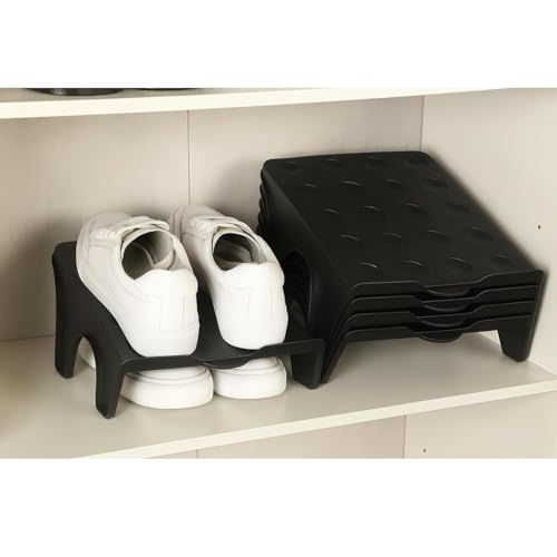 Image of NYALKARAN Plastic Shoe Organizer Stand Space Saver Shoe Storage Rack Double Layer Free Standing Shoe Slipper Stacker (Black, Set of 8)