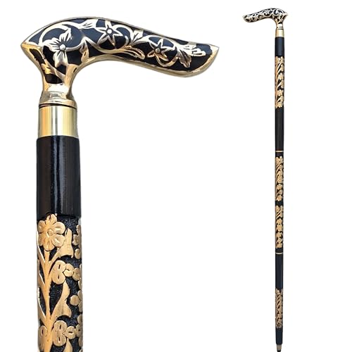 Handcrafted Wooden Walking Cane for Men & Women Ergonomic Grip Stylish Design Durable Support -Victorian Style Brass Handle with Engraved Floral Wooden Shaft