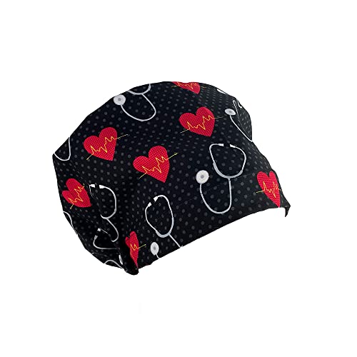 European Style No Ribbon – First Aid – Cardiograph. Turn Up Ponytail Scrub Hats, Ponytail Scrub Hats, Bouffant, Scrub Hats for Women, Unisex Surgical Caps, Dr. Hats, Nurses Hats Black and Red