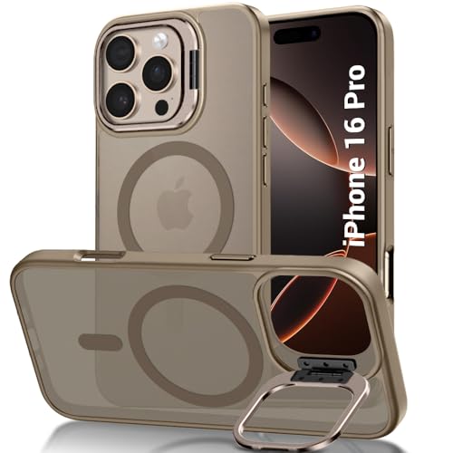 Image of TheGiftKart Hybrid Matte Frosted Back Cover Case for iPhone 16 Pro Compatible with MagSafe | Built-in Stand | Shockproof Hard Back Cover Case for iPhone 16 Pro (PC & TPU, Desert Titanium)