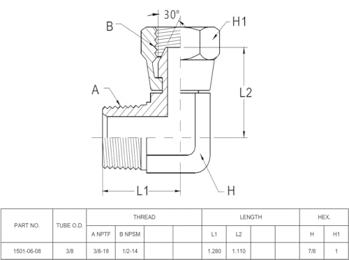 Image of (2-PACK) 1501-06-08 Hydraulic Hose Adapter Fitting 3 /8 inch Male (3 /8 inch-18NPTF) x 1 /2 inch Female (1 /2 inch-14NPSM) Swivel 90 Elbow SAE Pipe Joints Tube Connector Carbon Steel