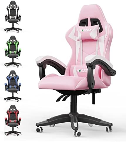 Bigzzia Gaming Chair Office Chair Reclining High Back Leather Adjustable Swivel Rolling Ergonomic Video Game Chairs Racing Chair Computer Desk Chair with Headrest and Lumbar Support (Pink)