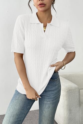 Image of Zeagoo Women Short Sleeve Sweater Pullover Polo Tops V Neck Knit Casual Soft Pullover Shirt