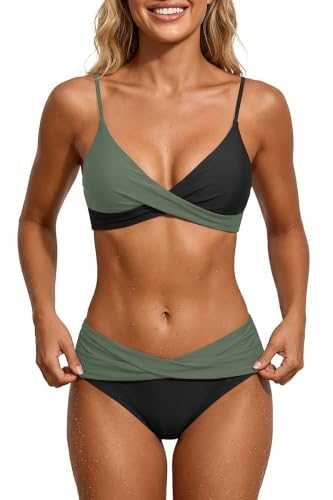 Aqua Eve Women Bikini Set - Two Piece Swimsuit Mid Rise Bathing Suit Push Up Bikini Olive Green M