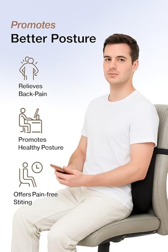 Image of Lumber Support Pillow for Office Chair & Car | Memory Foam Back Cushion for Lower Back Pain Relief | Eargonomic Support with Adjustable Strap & Washable Black Cover | Pack of 1