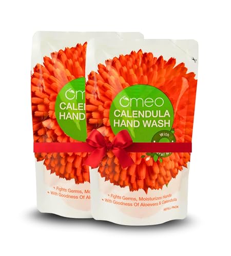 Image of Omeo Calendula Handwash Liquid Refill Pack Pouch 180ml(Set of 2) for Germs Free, Soft & Moisturized Hand with Aloe Vera & Calendula | Tough on Germs & Dirt | Hand Wash Safe for All Types Skin, Daily Use