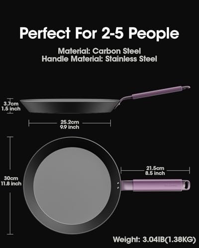 Image of Carbon Steel Frying Pan 12 Inch, Nitrided Steel Skillet, Preseasoned Rust Resistant Large Cooking Pan with Ergonomic Handle & Removable Silicone Grip, Induction & Oven Safe