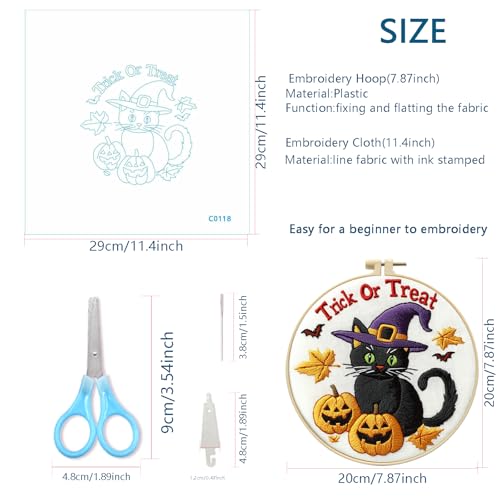 Image of Zhenqing Halloween Black Cat Embroidery Kit for Beginners, Trick or Treat Witch Cat Needlework Kit with Pre-Printed Cotton Fabric, Hoop, Threads & Tools, Spooky DIY Decor (C0118)