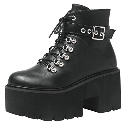 Image of Parisuit Womens Goth Patent Ankle Boots Platform Chunky Combat Boots | Lace Up, Gothic Boots, High Heel, Punk Short Booties, Buckle Boots, Chain Boots