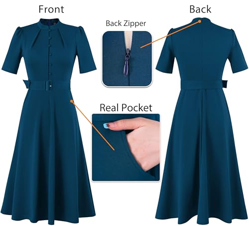 Image of VFSHOW Womens 2024 Business Work Office Pockets Belted Buttons Elegant Fit and Flare A-Line Dress