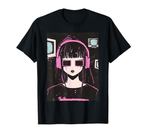 Cyber Goth Anime Girl Vaporwave E-Girl Distressed Grunge Maglietta