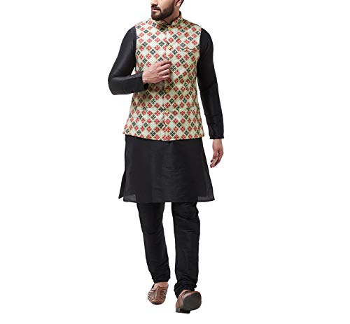 Image of SOJANYA (Since 1958 Men's Silk Blend Black Kurta Pyjama & Printed Nehrujacket Combo