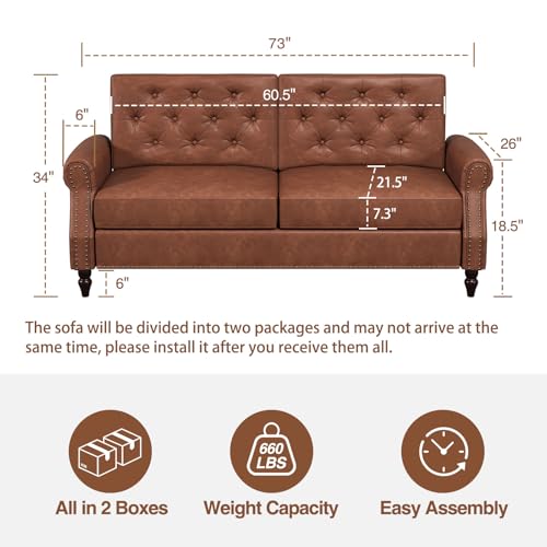Brown Couch 73 inch Sofa Couch Faux Leather Couch Office Couch with Wooden Legs Vintage Couch with Rolled Armrests Mid Century Modern Couch for Living Room Small Apartment