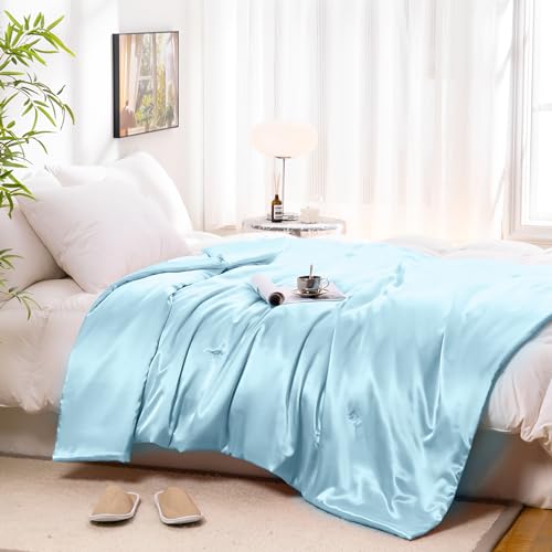 Vonty Satin Throw - Baby Blue Satin Blanket, 60x80 Inches, Cooling & Silky, Wrinkle-Free Cable Knit for Couch, Sofa, Bed, Outdoor Vonty Satin Throw - Baby Blue Satin Blanket, 60x80 Inches, Cooling & Silky, Wrinkle-Free Cable Knit for Couch, Sofa, Bed, Outdoor