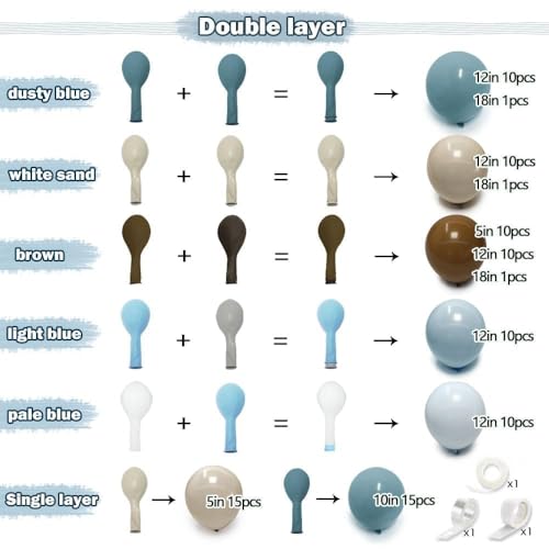 Image of Dusty Blue Brown Balloon Arch Kit Double Stuffed Pastel Baby Blue Dark Brown Tan Coffee White Sand Latex Balloon Garland for Neutral Birthday Bear Western Cowboy Party Decoration