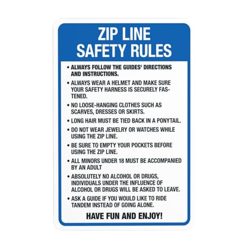 Zip Line Activity Rule Metal Tin Sign, Fun Zip Line Official Safety Rules Outdoor Park Yard Wall Decor, 12x8 Inches Aluminum