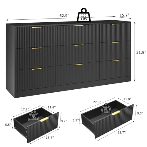 Image of Dresser for Bedroom with 9 Drawer, 63 inch Long Black Dresser Modern Chest of Drawers with Metal Handle, Wood TV Stand Storage Organizer for Bedroom, Living Room, Black