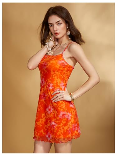 Image of Floerns Women's Summer Spaghetti Strap Cowl Neck Satin Mini Tropical Dress