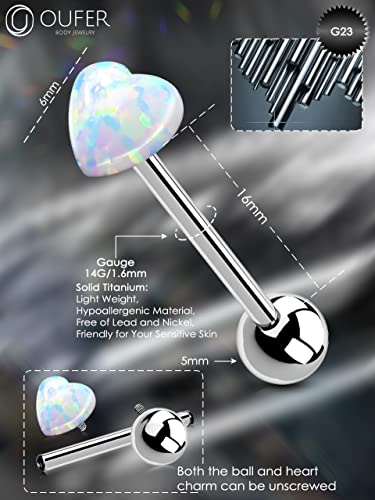 OUFER Titanium Tongue Rings - Heart Piercing Jewelry with White Opal4
