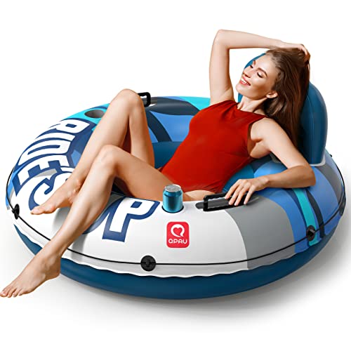 Image of QPAU Inflatable River Tube, 0.4 mm Thickened Puncture-Resistant Heavy Duty River Float, River Raft with Ergonomic Backrest, Mesh Bottom & 2 Cup Holders for Adults and Friends Lake Float
