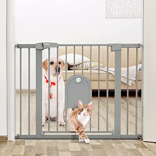 Image of Babelio Auto Close Baby Gate with Small Cat Door, 29-43" Metal Cat Gate for Doorway, Stairs, House, Easy Walk Thru Dog Gate with pet Door, Includes 4 Wall Cups and 3 Extension Pieces, Gray