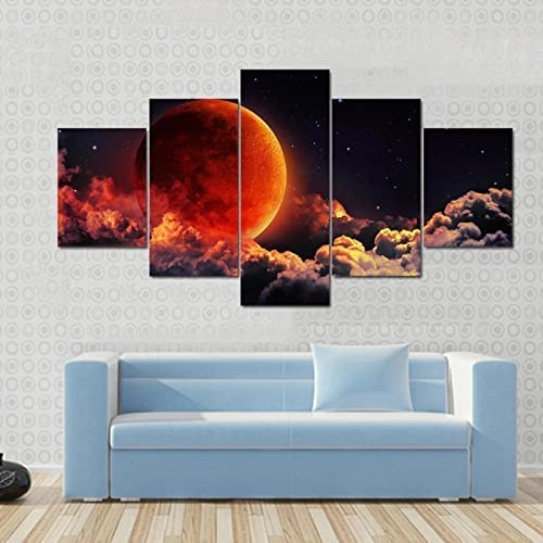5 Pcs Canvas Poster Wall Artcool Full Moon Starry Sky(Xl/With Frame 150 X 100 Cm) Wall Decor Modern Artwork Painting For Home Office Living Room Bedroom For Dining Room Children'S Room Gallery