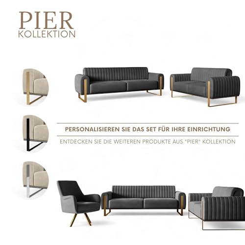 FURNISTAR Premium Pier Sofa 2-Sitzer, Glamour Design, Polstersofa mit drehbarer Rücklehne, Couch, Sofagarnitur, Wohnzimmer, goldene Metallfüße, Velour-Stoff - Dunkelgrau – Bild 8