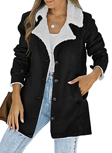 Image of Dokotoo Womens Winter Jean Denim Long Sleeve Open Front Fleece Jacket Stand Collar Button Down Sherpa Fashion Coats for Women 2024 Cardigans Outerwear with Pockets Black Small