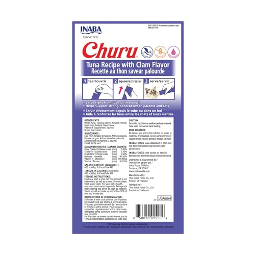 Image of INABA Churu Cat Treats, Grain-Free, Lickable, Squeezable Creamy Puree Cat Treat /Topper with Vitamin E & Taurine, 0.5 Ounces Each Tube, 24 Tubes (4 per Pack), Tuna Recipe with Clam Flavor