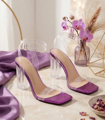 Image of Women's Clear Chunky Block Heeled Sandals 3.74 Inches Open Toe Ankle Strap Block High Heel Sandal Dress Dancing Sandals Daily Work Party Shoes