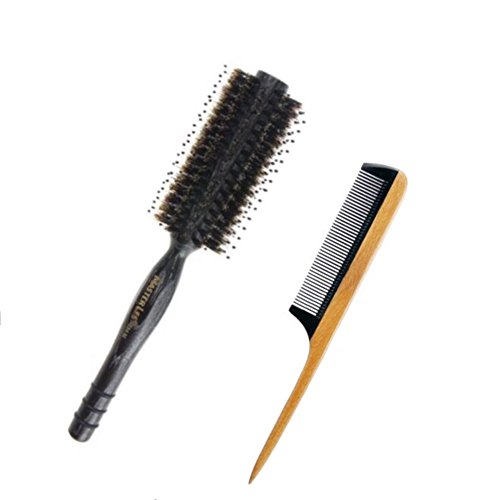 Aguder Natural Boar Bristles Round Hair Brush with Manchurian Ash Wood Handle, Black Buffalo Horn & Wood Comb for Hair with Anti-static & No Snag - Rattail & Teasing Comb