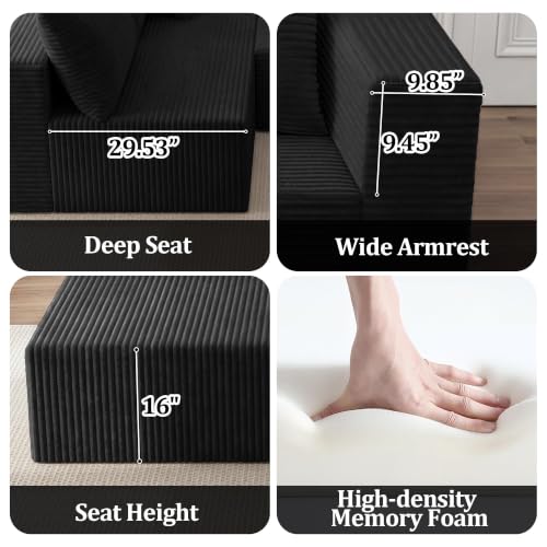 Image of 138 inch Modular Sectional Sofa,U-Shaped Cloud Couch with Deep Seats & Chaise,Upholstered Corduroy Boneless Couch for Living Room, No Need Assembly - Black(Right Facing Chaise)