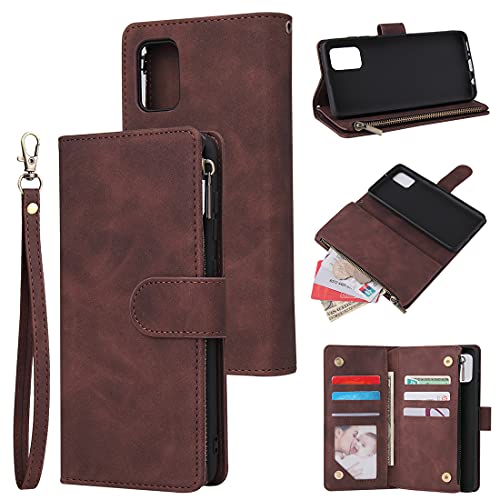 XFDSFDL® Schutzhülle für Samsung Galaxy A31 SM-A315 (6,4 Zoll) PU Lederhülle Flip Cover Retro Muster mit Ständer Magnetverschluss Mehr Kartenfächern Reißverschluss Brieftasche Hülle, Kaffee
