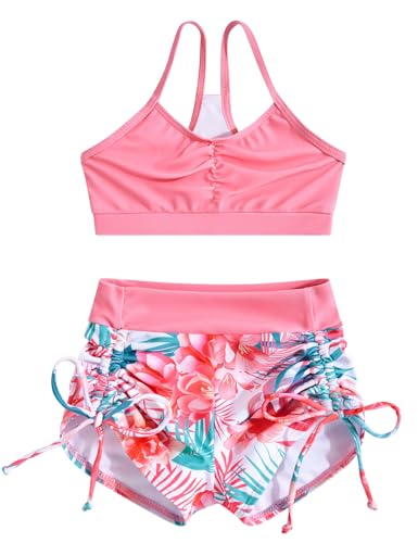Funnycokid Girls Swimsuits Size 9-10 Long Sleeve 3 Piece Bikini Swimwear Short Zip Rash Guard Set Pink Floral Bathing Suit thumb #6