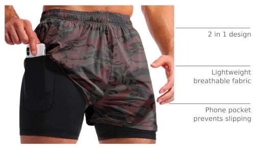 Image of Pudolla Men's 2 in 1 Running Shorts 5 inch Quick Dry Gym Athletic Workout Shorts for Men with Phone Pockets