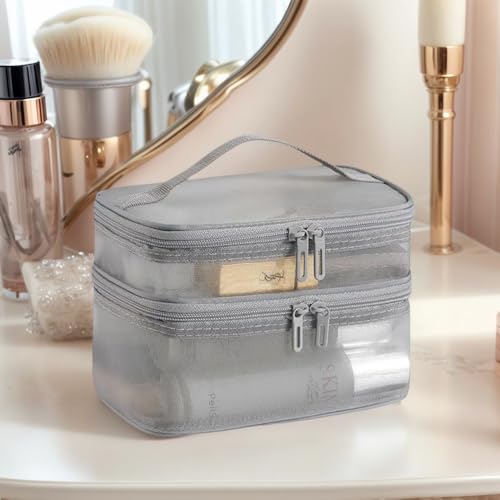 Double Layer Makeup Bag Toiletry Bag – Large Capacity Travel Cosmetic Storage Organizer, Gray Nylon Mesh, Portable and Durable4